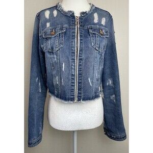 BBJ Women’s Distressed Denim Jean Jacket Casual  Western Cowgirl-L